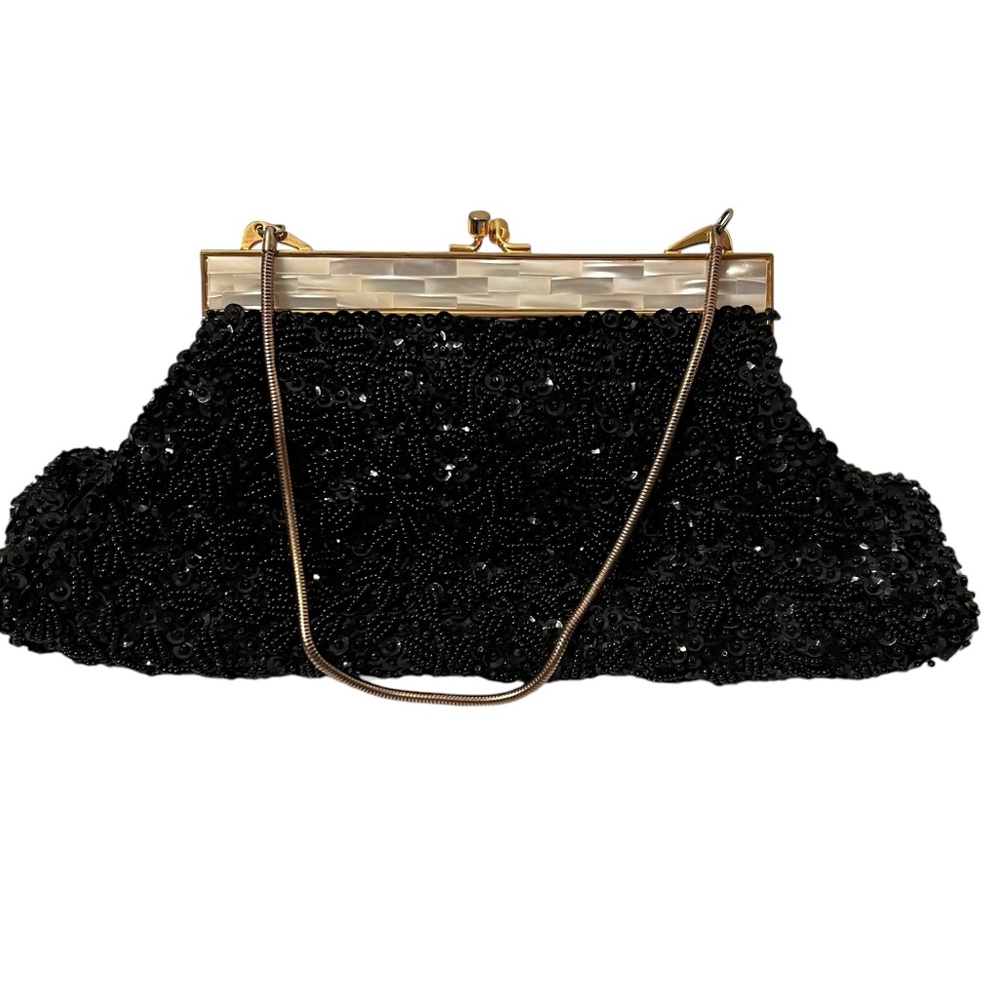 La Regale LTD Black Seed Beads w/Rhinestones Mother Of Pearl Inlaid Accent Purse